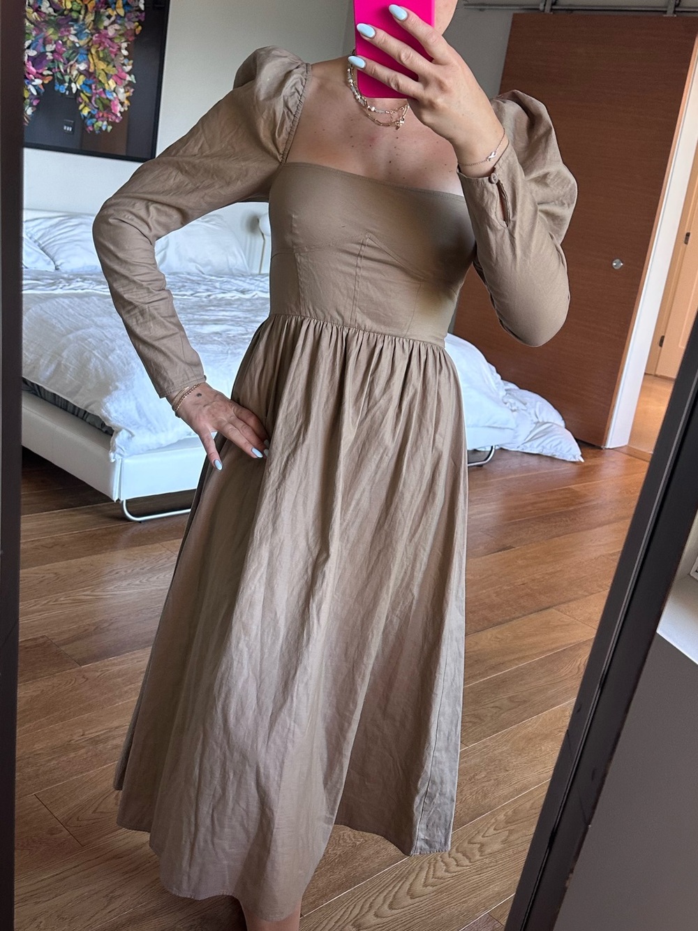 Reformation Taupe Puff-Sleeve Midi Dress